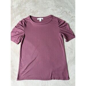 Eye Candy Women’s Ribbed Puff Sleeve Top Pink Mauve Size L Stretch Tee
